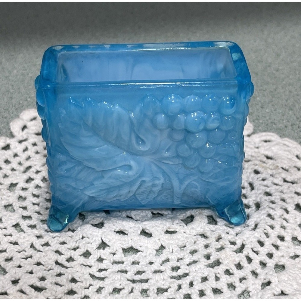 Vintage Boyd Glass Blue Footed Toothpick Card Holder Grapes Decor